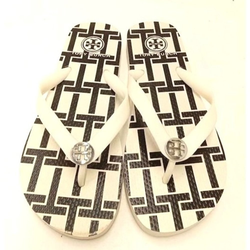 Tory Burch Black White Sandals Flip Flops --  Women's Size:   8